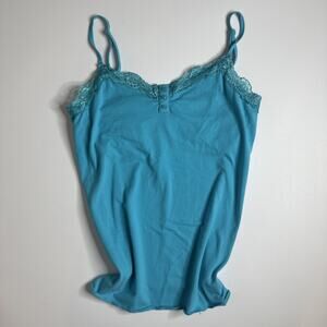 Y2k Faded Glory Womens Lace Trim Cami Tank Top Size M Teal Stretch Bra Buttons